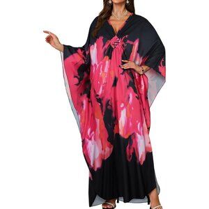 Women's Black Pink Rose V-Neck Batwing Sleeves Smocked Waist Maxi Kaftan Dress